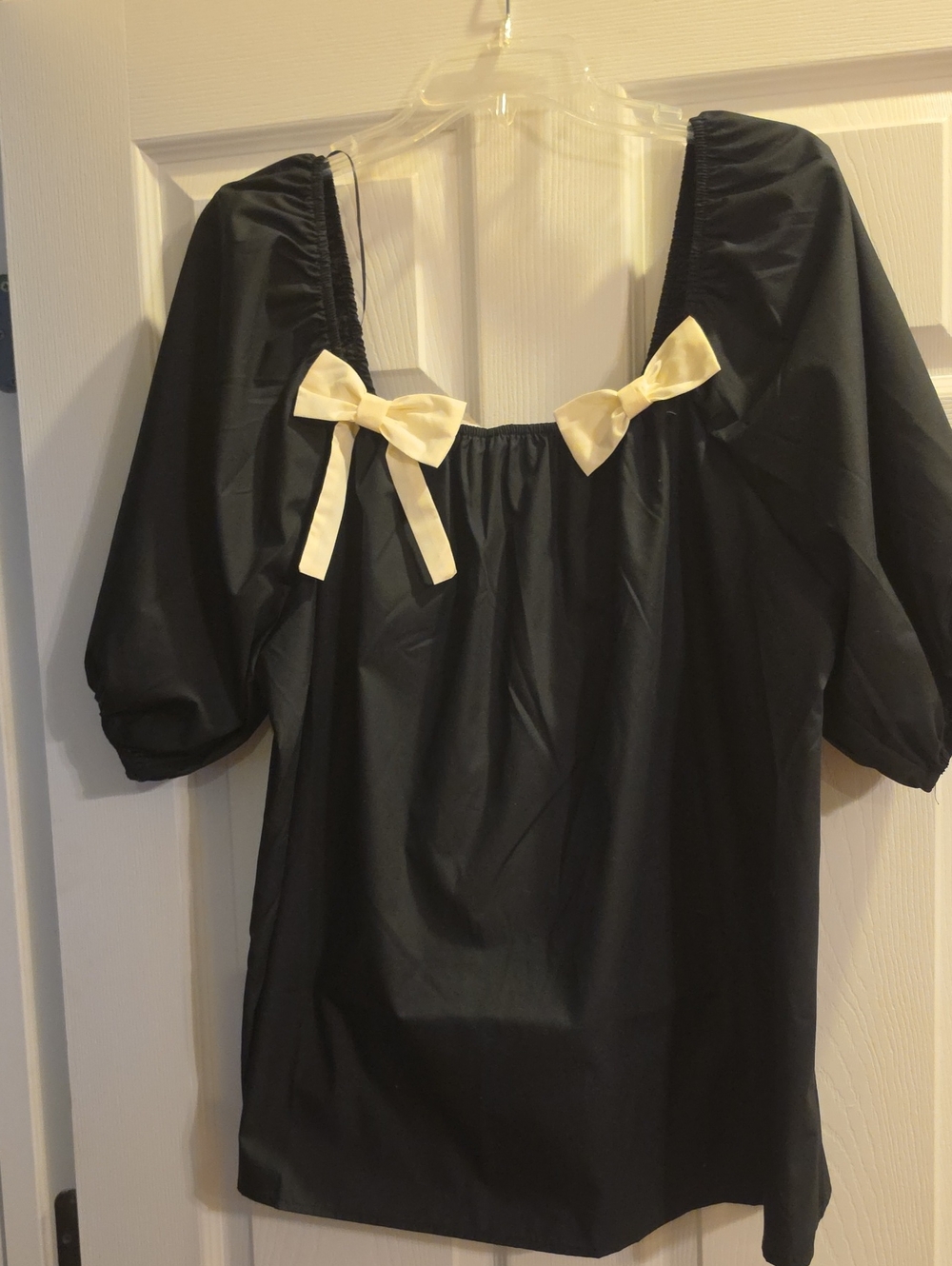 First Love Black Puff Sleeve Top with Cream Bow Accents